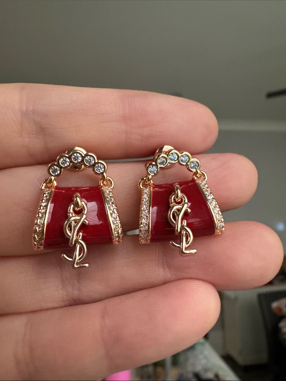 YSL Style Red Enamel Purse 👛 Dangle Earrings Gold Tone